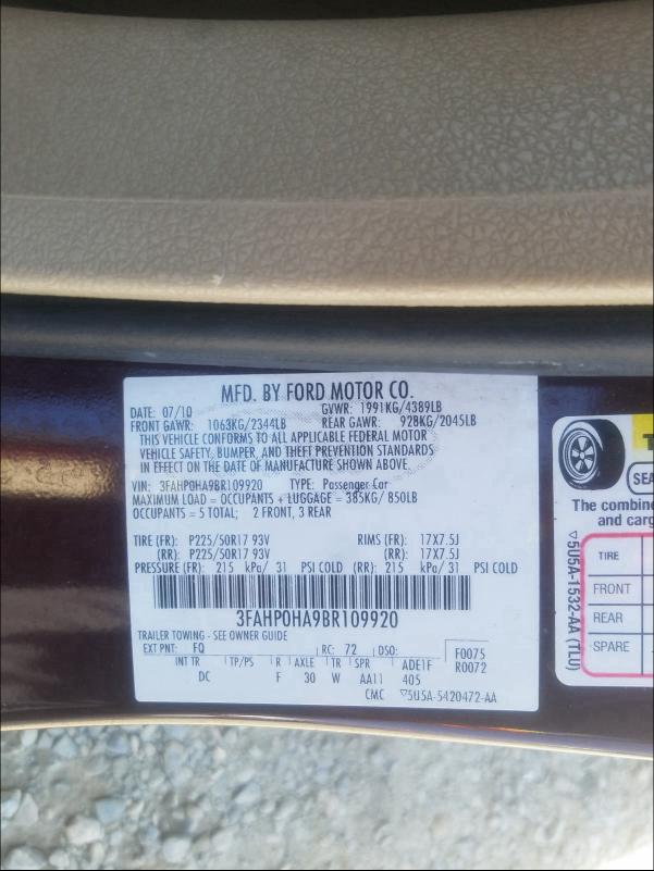 Photo 9 VIN: 3FAHP0HA9BR109920 - FORD FUSION SE 