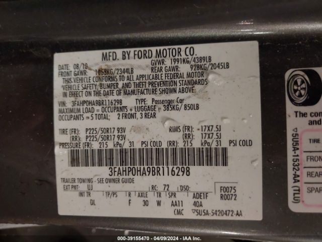 Photo 8 VIN: 3FAHP0HA9BR116298 - FORD FUSION 