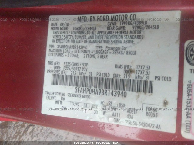 Photo 8 VIN: 3FAHP0HA9BR143940 - FORD FUSION 