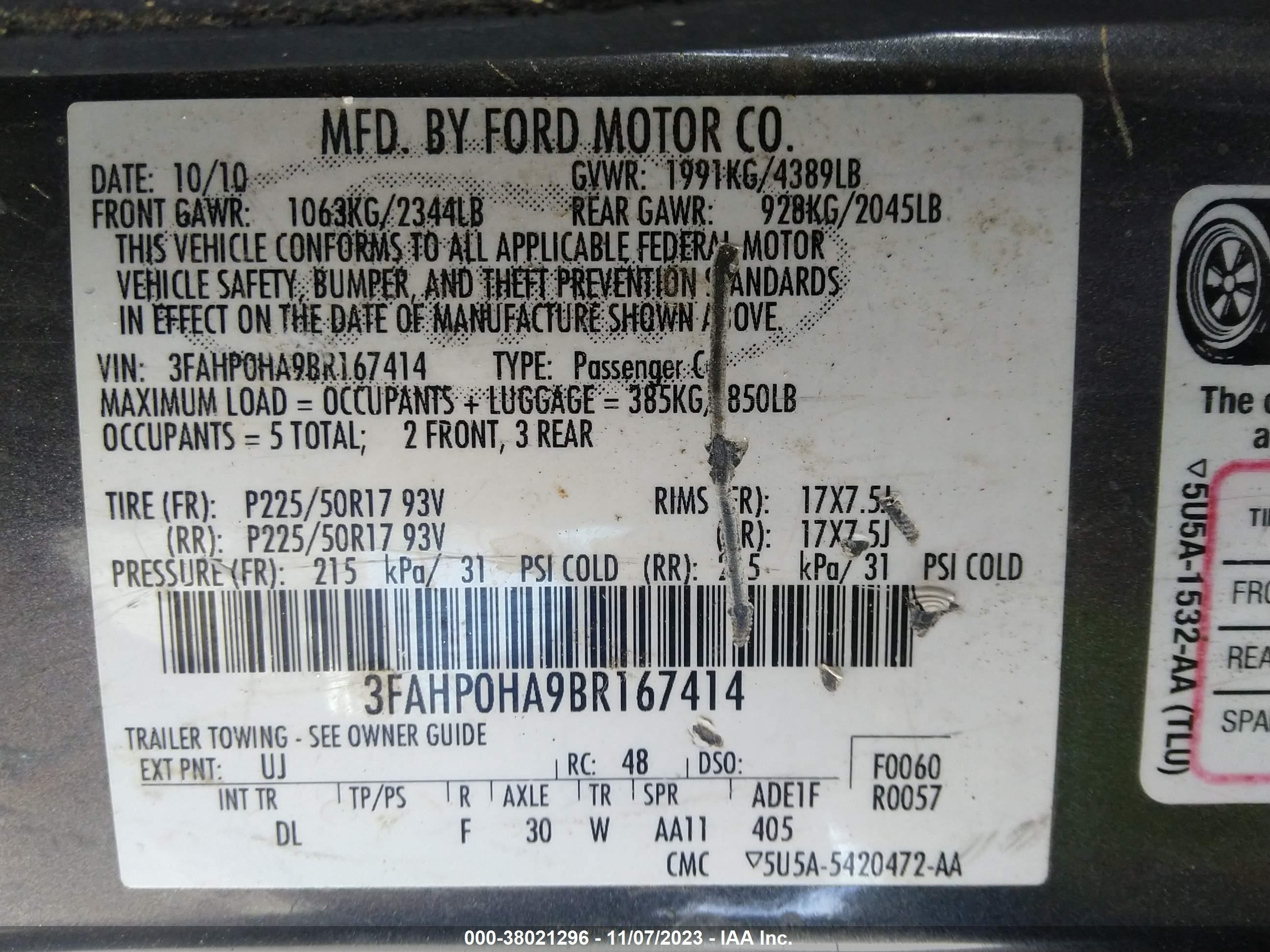 Photo 8 VIN: 3FAHP0HA9BR167414 - FORD FUSION 