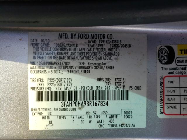 Photo 9 VIN: 3FAHP0HA9BR167834 - FORD FUSION SE 