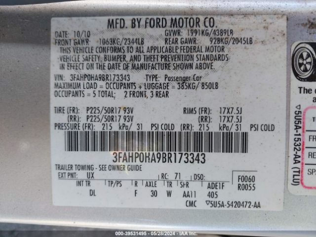 Photo 8 VIN: 3FAHP0HA9BR173343 - FORD FUSION 