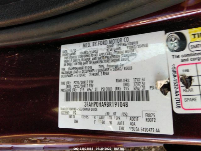 Photo 8 VIN: 3FAHP0HA9BR191048 - FORD FUSION 