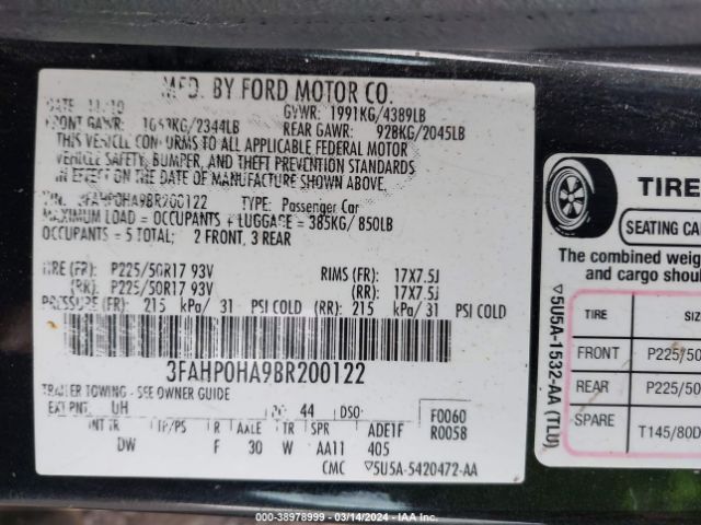 Photo 8 VIN: 3FAHP0HA9BR200122 - FORD FUSION 