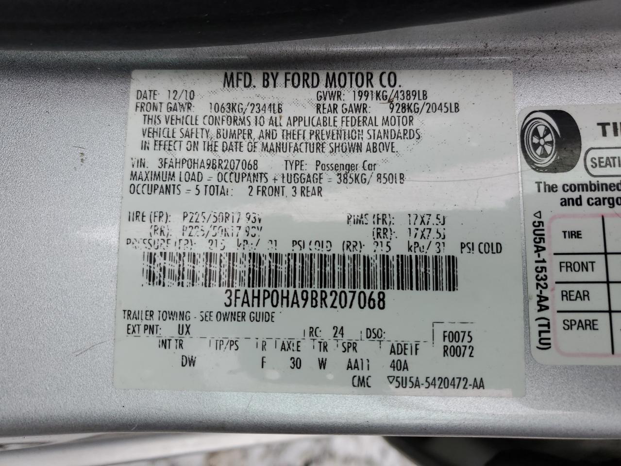 Photo 11 VIN: 3FAHP0HA9BR207068 - FORD FUSION 