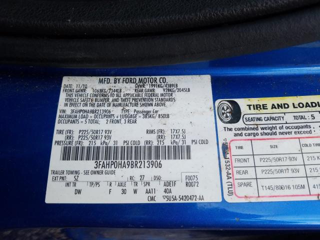 Photo 9 VIN: 3FAHP0HA9BR213906 - FORD FUSION SE 