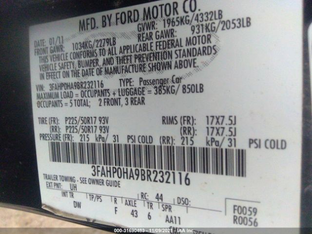 Photo 8 VIN: 3FAHP0HA9BR232116 - FORD FUSION 