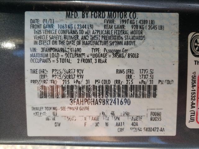 Photo 9 VIN: 3FAHP0HA9BR241690 - FORD FUSION SE 