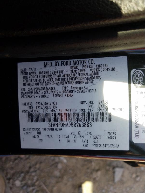 Photo 9 VIN: 3FAHP0HA9BR263883 - FORD FUSION SE 