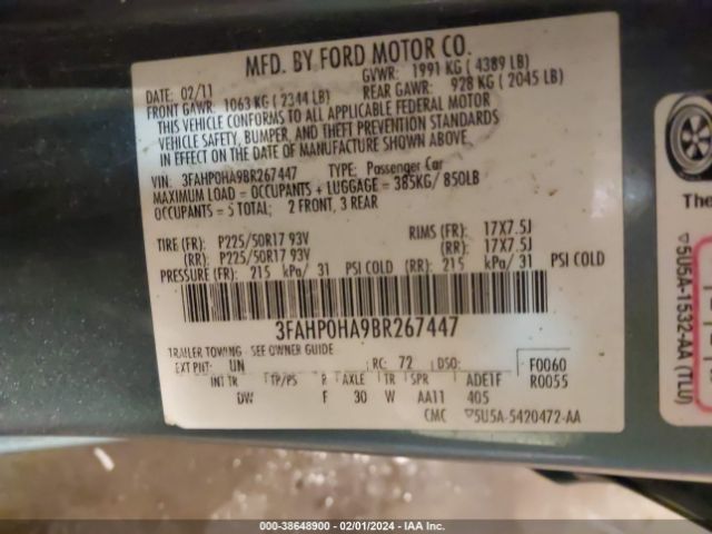 Photo 8 VIN: 3FAHP0HA9BR267447 - FORD FUSION 