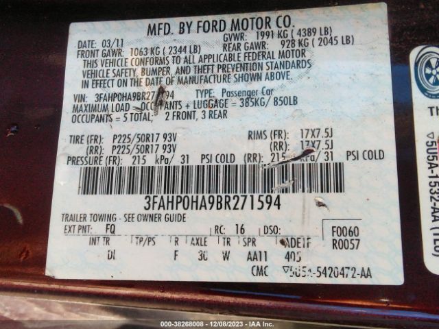 Photo 8 VIN: 3FAHP0HA9BR271594 - FORD FUSION 