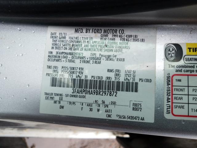 Photo 9 VIN: 3FAHP0HA9BR297872 - FORD FUSION SE 