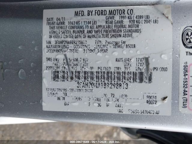 Photo 8 VIN: 3FAHP0HA9BR298813 - FORD FUSION 