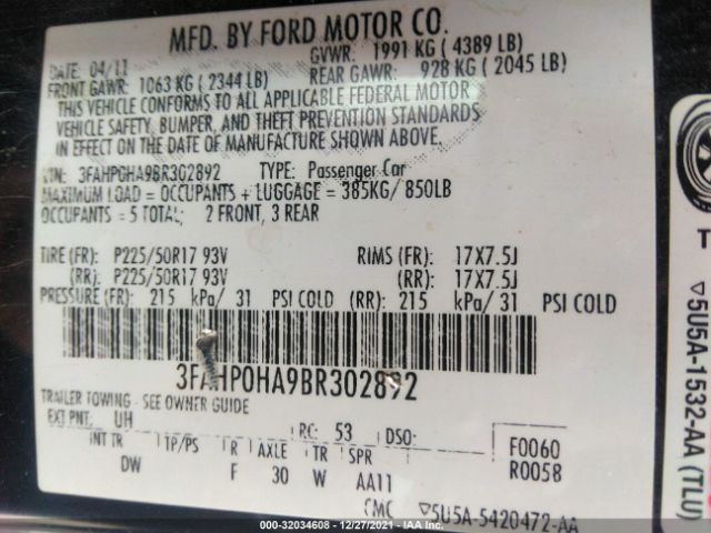 Photo 8 VIN: 3FAHP0HA9BR302892 - FORD FUSION 