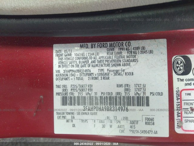 Photo 8 VIN: 3FAHP0HA9BR314976 - FORD FUSION 