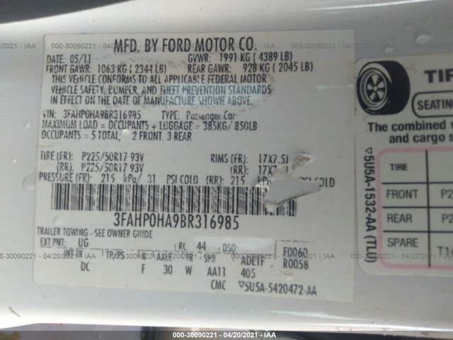 Photo 8 VIN: 3FAHP0HA9BR316985 - FORD FUSION 