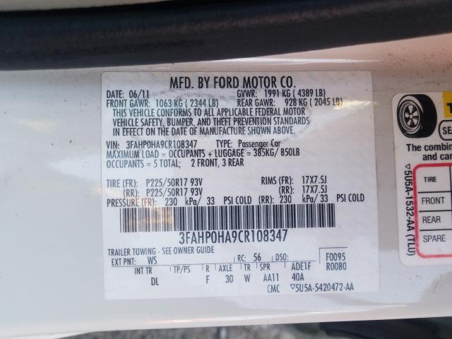 Photo 9 VIN: 3FAHP0HA9CR108347 - FORD FUSION SE 