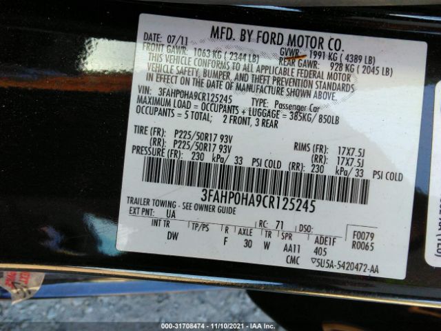 Photo 8 VIN: 3FAHP0HA9CR125245 - FORD FUSION 