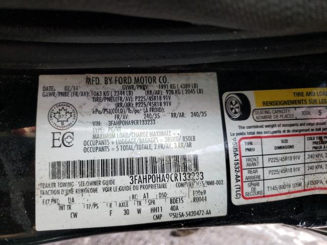 Photo 9 VIN: 3FAHP0HA9CR133233 - FORD FUSION SE 