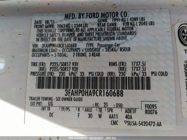 Photo 8 VIN: 3FAHP0HA9CR160688 - FORD FUSION 