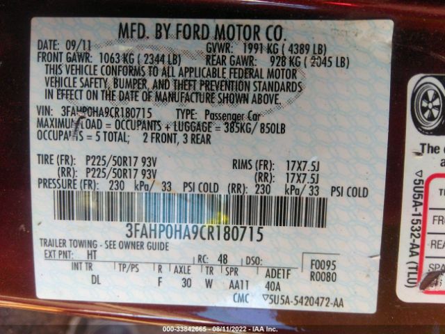 Photo 8 VIN: 3FAHP0HA9CR180715 - FORD FUSION 