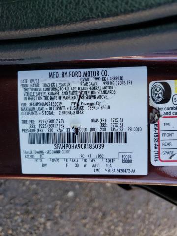 Photo 9 VIN: 3FAHP0HA9CR185039 - FORD FUSION SE 