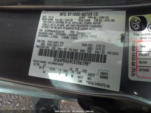 Photo 8 VIN: 3FAHP0HA9CR206598 - FORD FUSION 