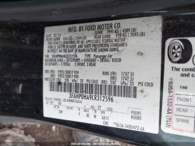 Photo 8 VIN: 3FAHP0HA9CR312596 - FORD FUSION 