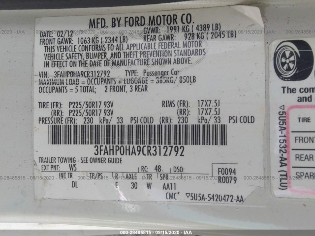 Photo 8 VIN: 3FAHP0HA9CR312792 - FORD FUSION 