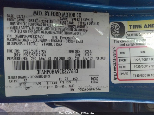 Photo 8 VIN: 3FAHP0HA9CR327633 - FORD FUSION 