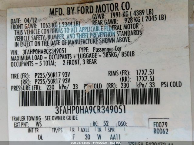 Photo 8 VIN: 3FAHP0HA9CR349051 - FORD FUSION 