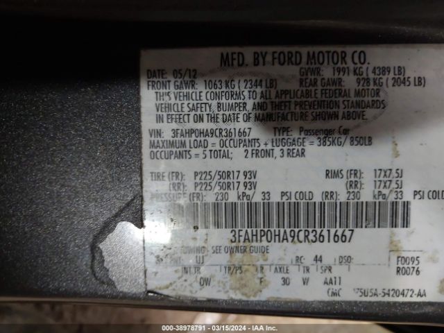 Photo 8 VIN: 3FAHP0HA9CR361667 - FORD FUSION 