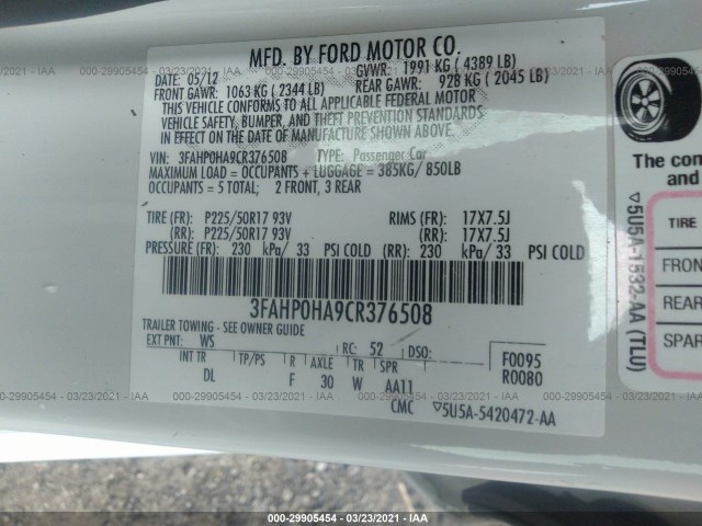 Photo 8 VIN: 3FAHP0HA9CR376508 - FORD FUSION 