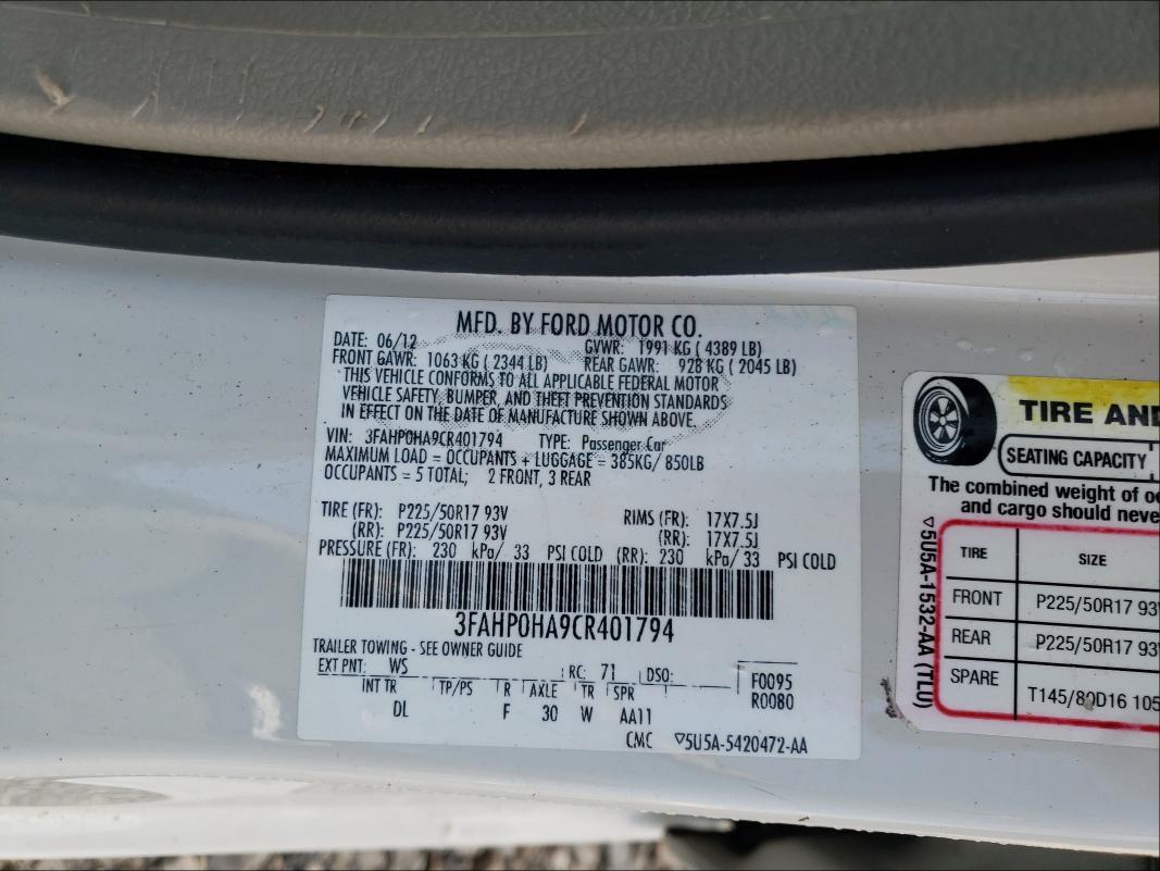 Photo 9 VIN: 3FAHP0HA9CR401794 - FORD FUSION SE 