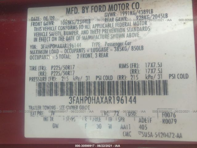 Photo 8 VIN: 3FAHP0HAXAR196144 - FORD FUSION 