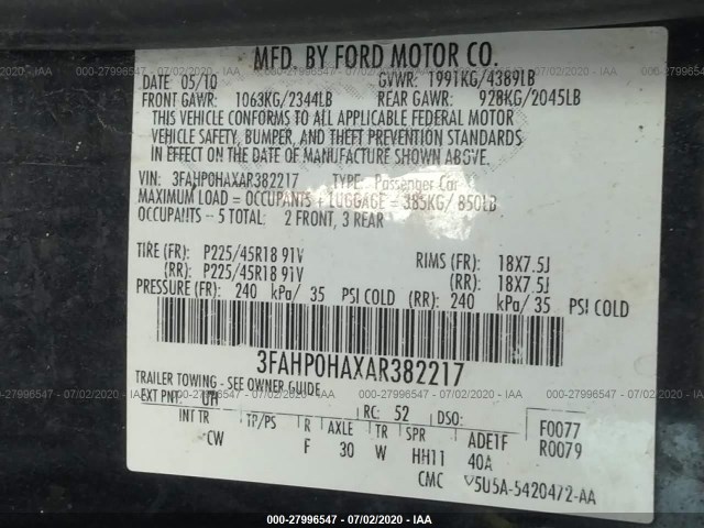 Photo 8 VIN: 3FAHP0HAXAR382217 - FORD FUSION 