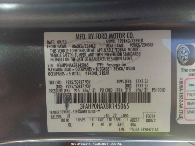 Photo 8 VIN: 3FAHP0HAXBR145065 - FORD FUSION 