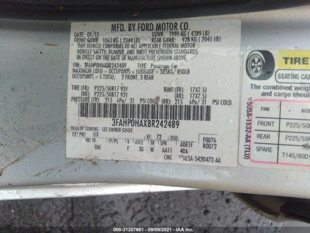 Photo 8 VIN: 3FAHP0HAXBR242489 - FORD FUSION 