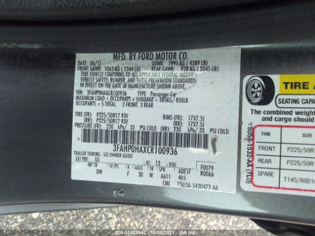 Photo 8 VIN: 3FAHP0HAXCR100936 - FORD FUSION 