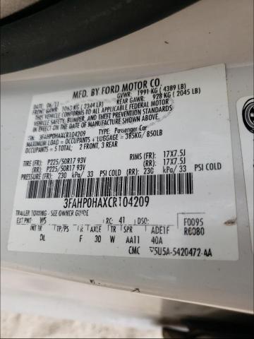 Photo 9 VIN: 3FAHP0HAXCR104209 - FORD FUSION SE 