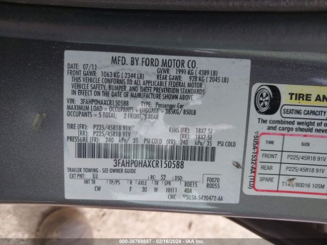 Photo 8 VIN: 3FAHP0HAXCR150588 - FORD FUSION 