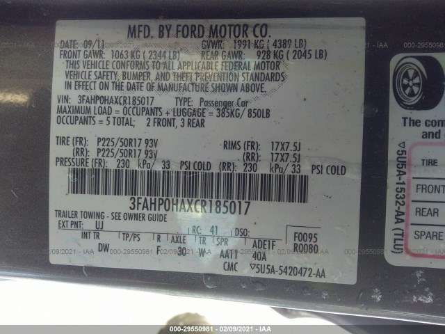 Photo 8 VIN: 3FAHP0HAXCR185017 - FORD FUSION 