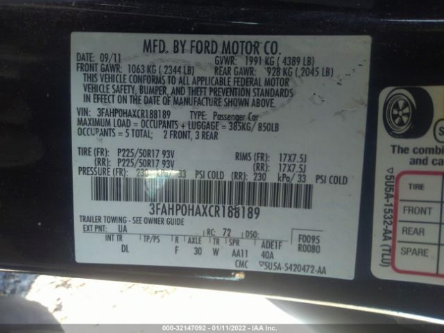 Photo 8 VIN: 3FAHP0HAXCR188189 - FORD FUSION 