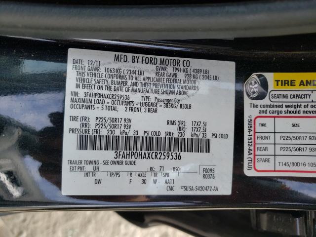 Photo 9 VIN: 3FAHP0HAXCR259536 - FORD FUSION SE 