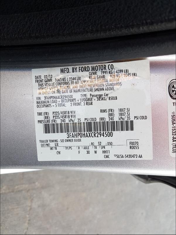 Photo 9 VIN: 3FAHP0HAXCR294500 - FORD FUSION SE 