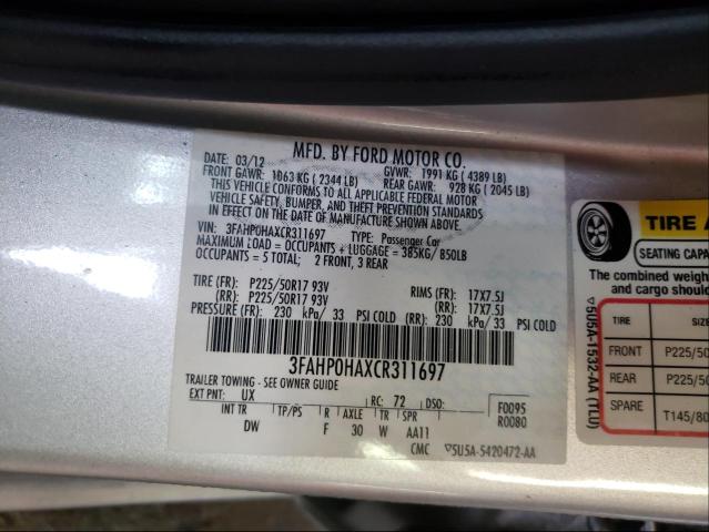 Photo 9 VIN: 3FAHP0HAXCR311697 - FORD FUSION SE 