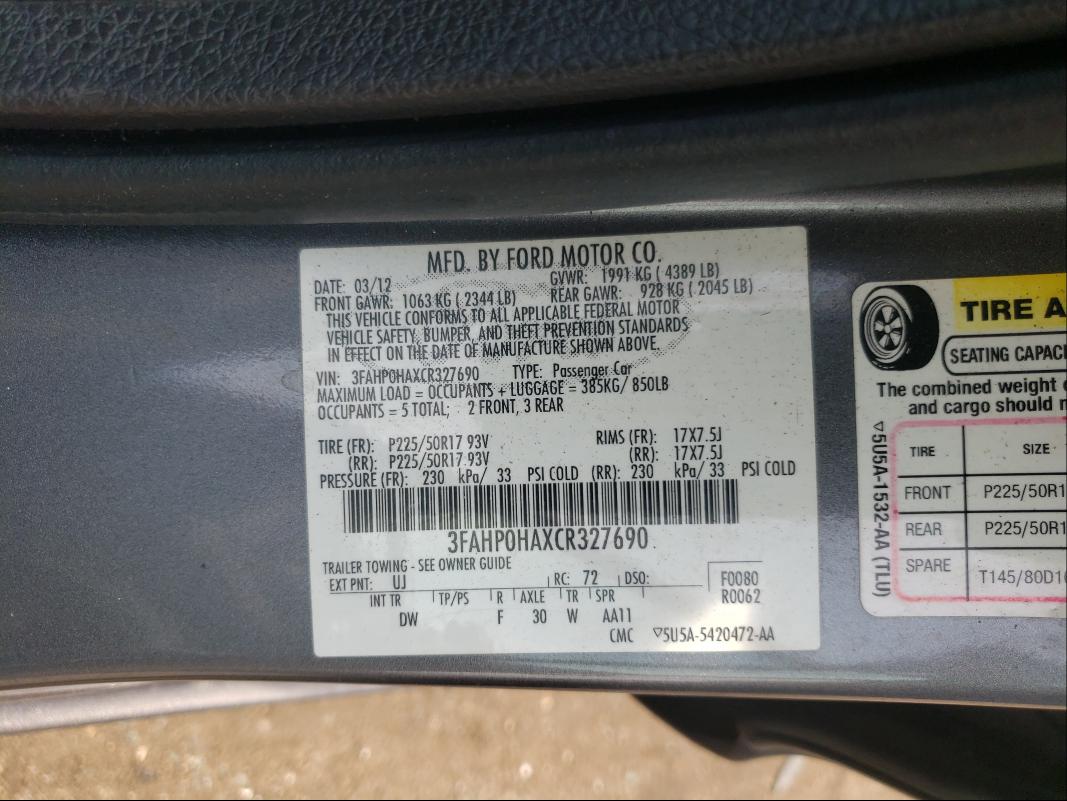 Photo 9 VIN: 3FAHP0HAXCR327690 - FORD FUSION SE 