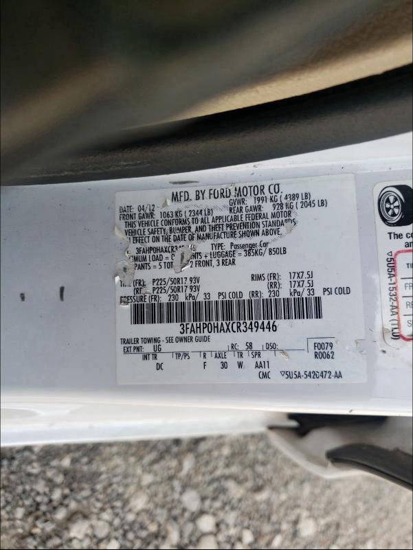 Photo 9 VIN: 3FAHP0HAXCR349446 - FORD FUSION SE 