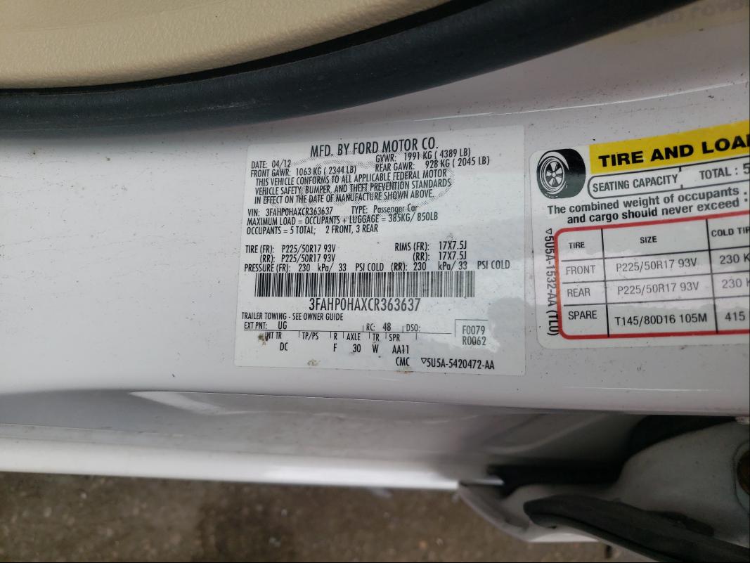 Photo 9 VIN: 3FAHP0HAXCR363637 - FORD FUSION SE 