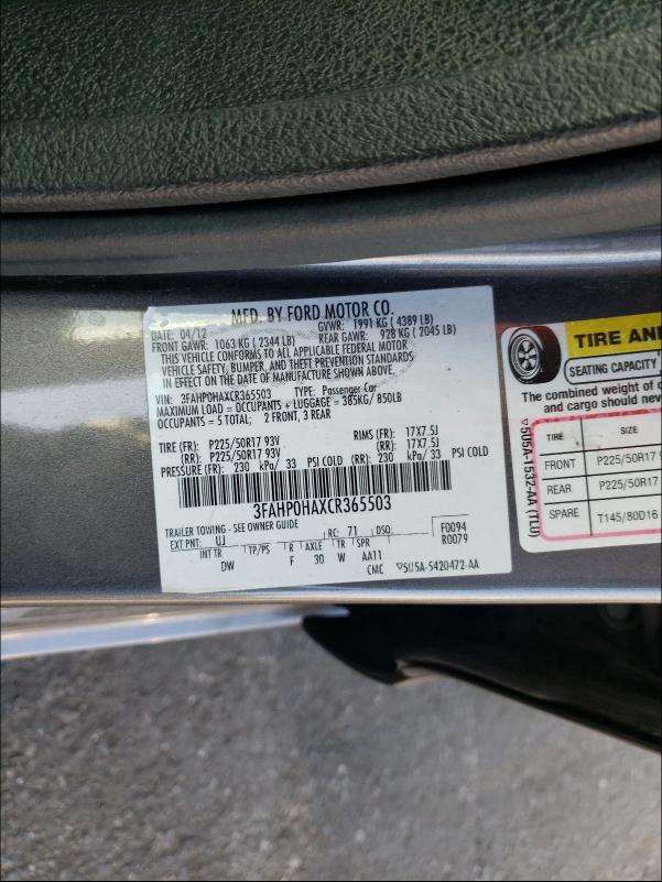 Photo 9 VIN: 3FAHP0HAXCR365503 - FORD FUSION SE 